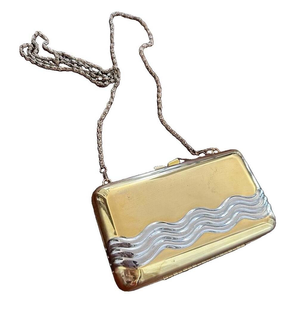 70s Vintage Glam Look Gold & Silver Metal Clutch Purse Removable Strap Chain